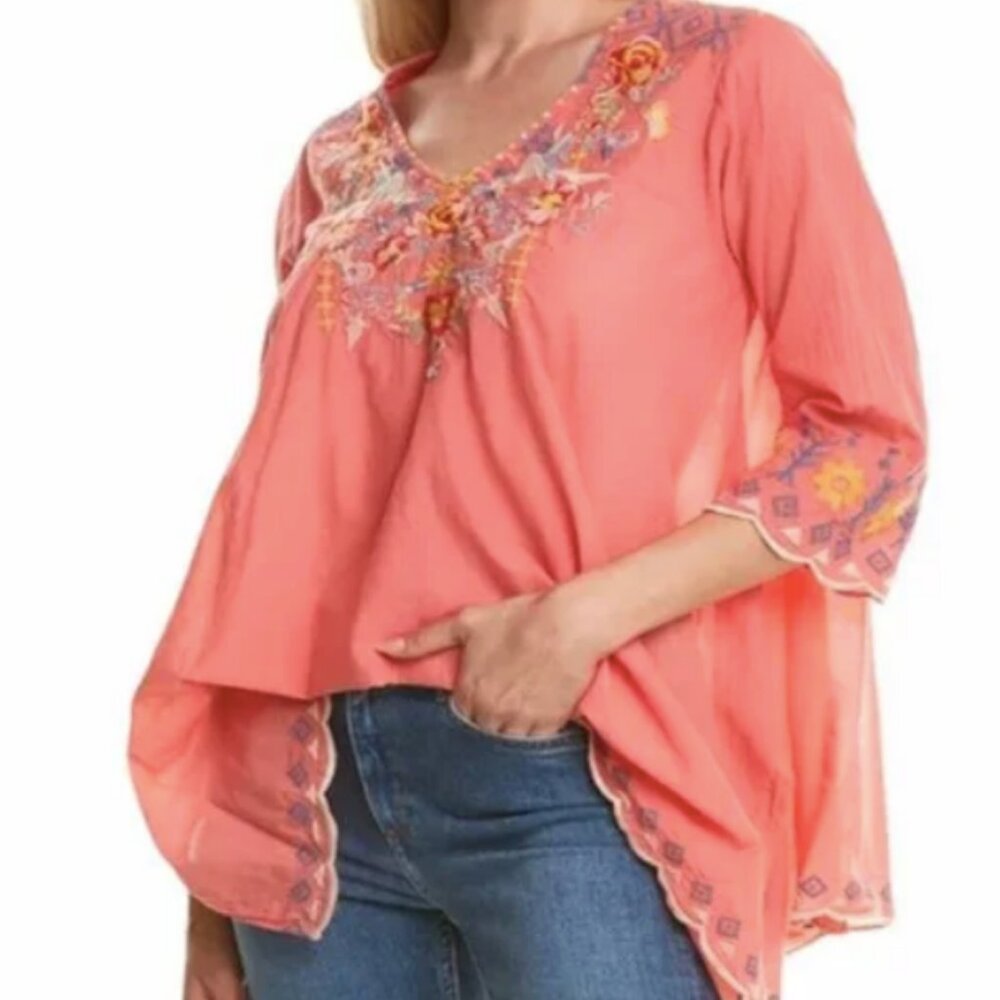 JOHNNY WAS Rosetta Tunic Coral Floral Embroidered 3/4 sleeve Boho sz small NWT